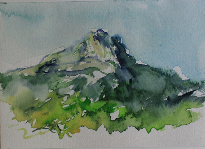 Kirsten Kötter: Montagne Sainte-Victoire in der Wildnis nahe Haus Bret, 03.10.2013, mittags, Aquarell, 12 × 17 cm