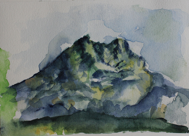 Kirsten Kötter: Montagne Sainte-Victoire, gemalt in der Wildnis nahe Haus Bret, 03.10.2013, mittags, Aquarell, 12 × 17 cm