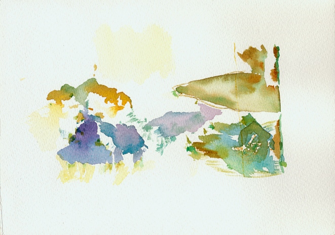 Kirsten Kötter: Painting Site Specific, Malerei vor Ort, im Feld bei der Wasserscheide Nähe Kiesgrube Hoppegarten, März 2012, Aquarell, 17 × 24 cm