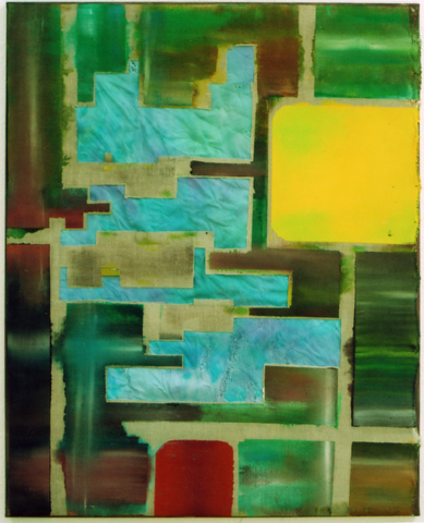 untitled (Forest river), 2009, oil, acrylic, canvas, painted silk, 75 × 95 cm (Kirsten Kötter) /
  ohne Titel (Waldfluss)