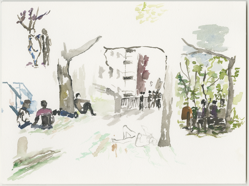 2016-04-13_52-52725_13-34790_lageso_skizze2, refugees waiting, talking and sleeping in the sun at noon in front of the LAGeSo, sketch, 24 × 32 cm (Kirsten Kötter)