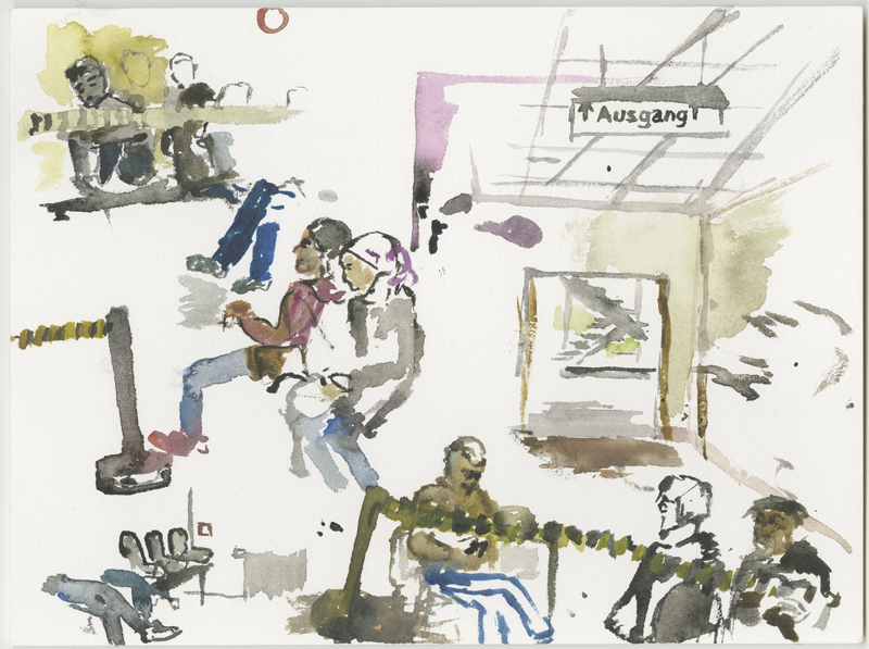 2016-04-14_52-52725_13-34790_lageso_skizze2, refugees in the waiting room, sketch, 24 × 32 cm (Kirsten Kötter)
