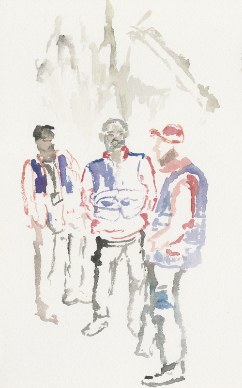2016-05-02_52-52725_13-34790_lageso_skizze1, security staff in front of the entrance to the LAGeSo, sketch, 24 × 32 cm (Kirsten Kötter)