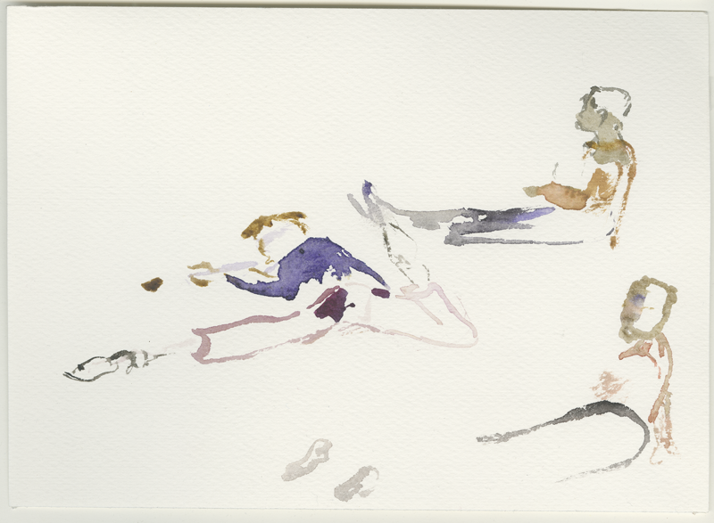 Performance for one person at the entrance of the exhibition space Neue Neue Galerie, silver shoes are passed on from one performer to the next one. Kirsten Kötter, water colour, 17 x 24 cm, 07.06.2017