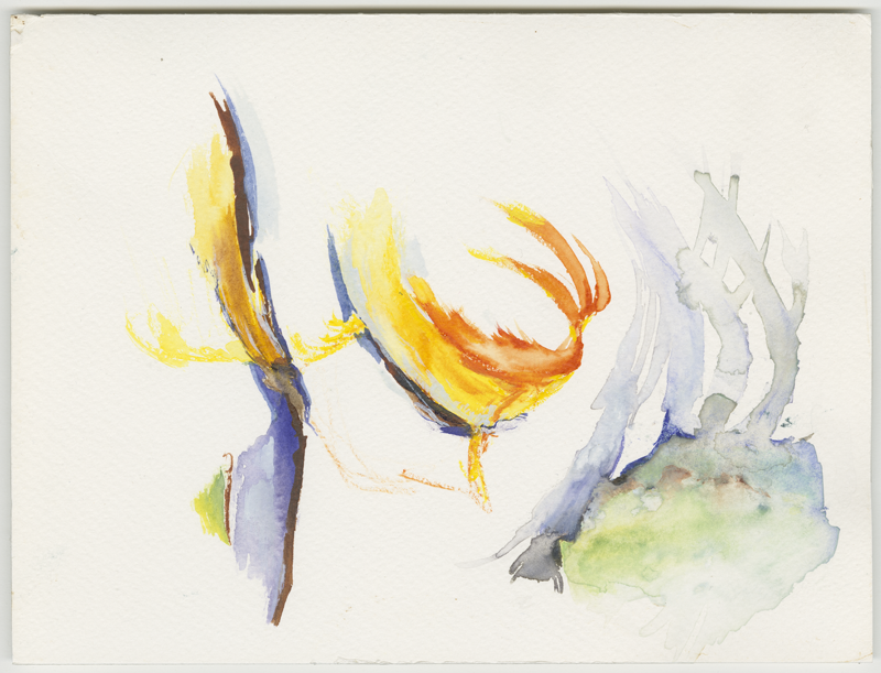 1991_federn-feuer-orange-holz-streng-lila, watercolour, 18 × 24 cm (Kirsten Kötter)